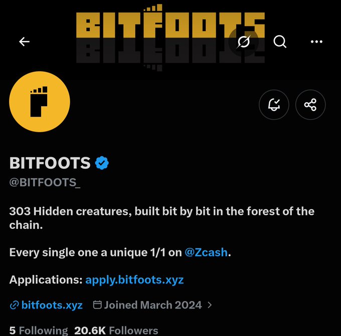 A Twitter/X profile screenshot of @BITFOOTS_, showing 20.6K followers, joined March 2024, featuring a bio about 1/1 hidden creature NFTs on Zcash (@Zcash) with applications at apply.bitfoots.xyz, complementing the post about the project's first ZEC NFT announcement.