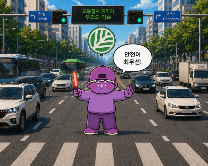 A purple cartoon character with a lightsaber standing at a crosswalk on a busy Korean street, with signs pointing to Jamsil and Gangnam, and a traffic sign reading '안전이 최우선!' (Safety first!).