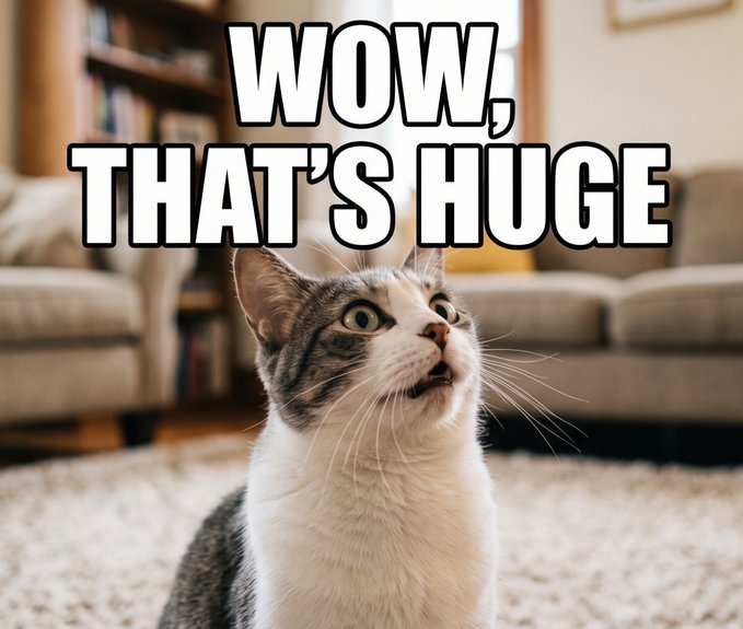 A surprised-looking tabby and white cat with the meme text 'WOW, THAT'S HUGE' in large white letters above it.