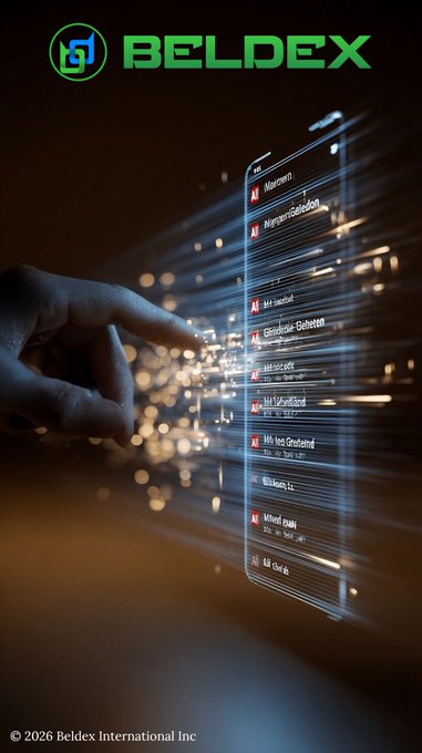 The image shows the Beldex logo at the top, with a hand interacting with a futuristic, holographic smartphone interface displaying a contact list with names like "Marc Hansen," "Christian Dehetsen," and "Kiki Vanhoe." The glowing cityscape in the background visually reinforces the privacy-focused nature of Beldex's flagship products, BChat and BelNet, emphasizing secure, decentralized communication in a connected world.
