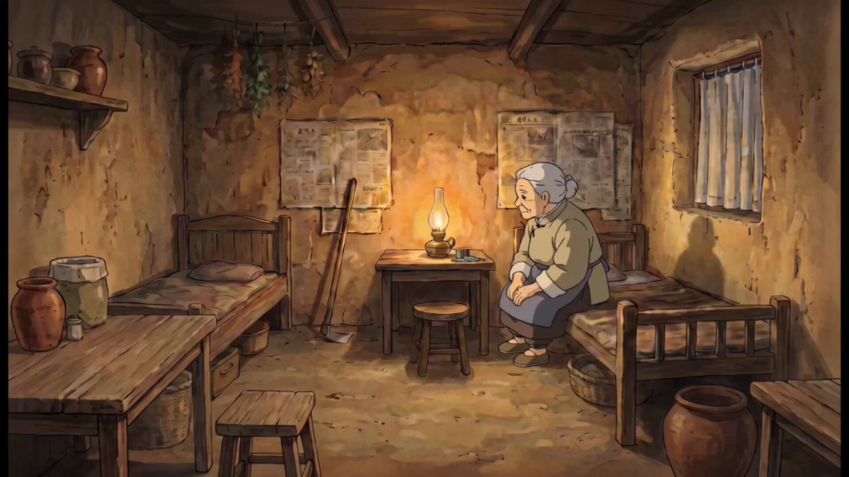 The image features an old woman sitting at a table with a lamp next to her. The room has two beds placed against each other, one closer to the center of the scene and another towards the right side. There are also several bowls scattered around the room, including some near the beds and others on the floor. A potted plant can be seen in the background, adding a touch of greenery to the space. The overall atmosphere suggests that this is an old woman's home or a cozy living area where she spends her time enjoying snacks and reading books.