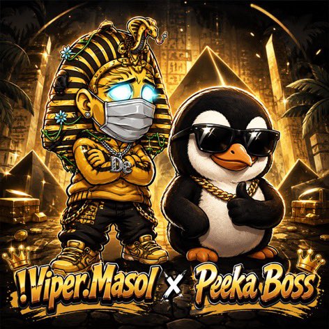 The image is a stylized promotional graphic featuring two cartoon characters: a pharaoh-like figure wearing a gold chain and a masked face alongside a cool penguin wearing sunglasses and gold chains, set against an Egyptian pyramid backdrop. The bold text at the bottom reads "!Viper.Masol x Peeka.Boss", giving it a branding or giveaway aesthetic that matches the post's purpose of announcing a $SOL crypto giveaway to selected winners.