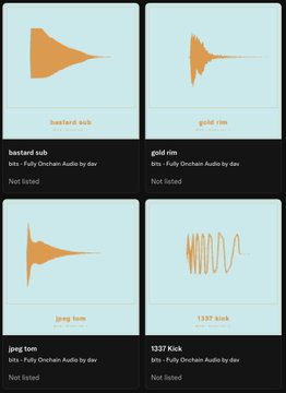 A screenshot from OnChainChecker displaying four fully on-chain drum sound NFTs by dvr—labeled "bastard sub," "gold rim," "ping tom," and "1337 kick"—each shown with their orange waveform visualizations on a light blue background. The image showcases the complete collection of on-chain drum samples as referenced in the post.
