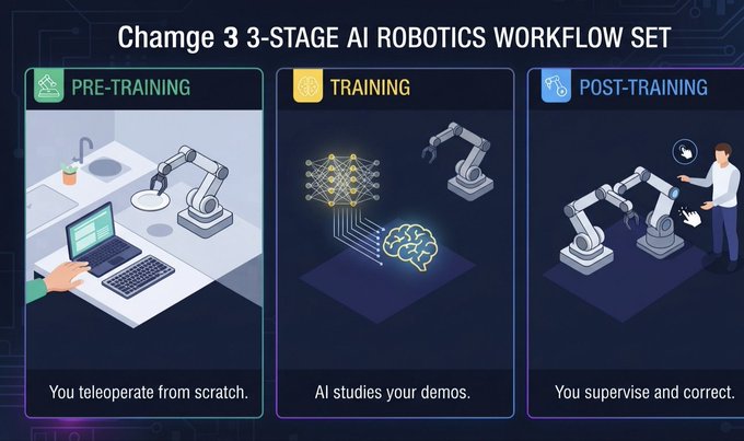 An infographic titled "Chamge 3 3-STAGE AI ROBOTICS WORKFLOW SET" depicting a three-part process: PRE-TRAINING ("You teleoperate from scratch."), TRAINING ("AI studies your demos."), and POST-TRAINING ("You supervise and correct.").