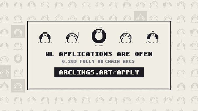 A pixel-art promotional banner reads "ML APPLICATIONS ARE OPEN", "6.283 FULLY ON CHAIN ABGS", and "ARCLMGS.ART/APPLY" against a repeating character background.