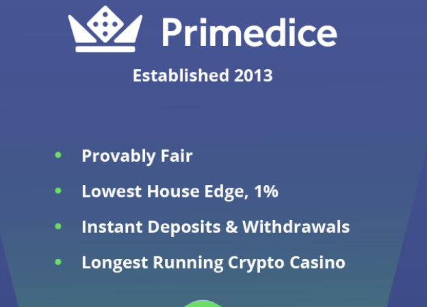 A blue promotional graphic for 'Primedice, Established 2013' lists features: 'Provably Fair', 'Lowest House Edge, 1%', 'Instant Deposits & Withdrawals', and 'Longest Running Crypto Casino'.