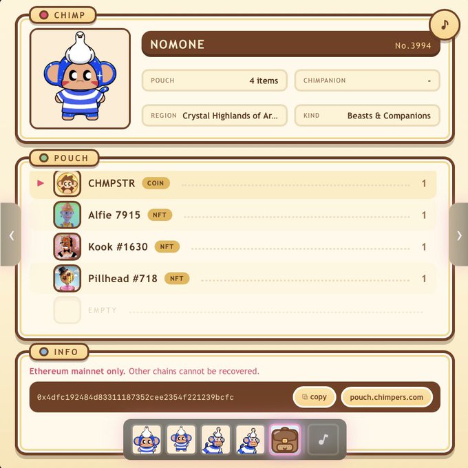 A screenshot of a NFT interface showing a Chimp character named "NOMONE" with a pouch containing "CHMPSTR COIN", "Alfie 7915 NFT", "Kook #1630 NFT", and "Pillhead #718 NFT", with the region listed as "Crystal Highlands of Ar..." and an Ethereum mainnet address.