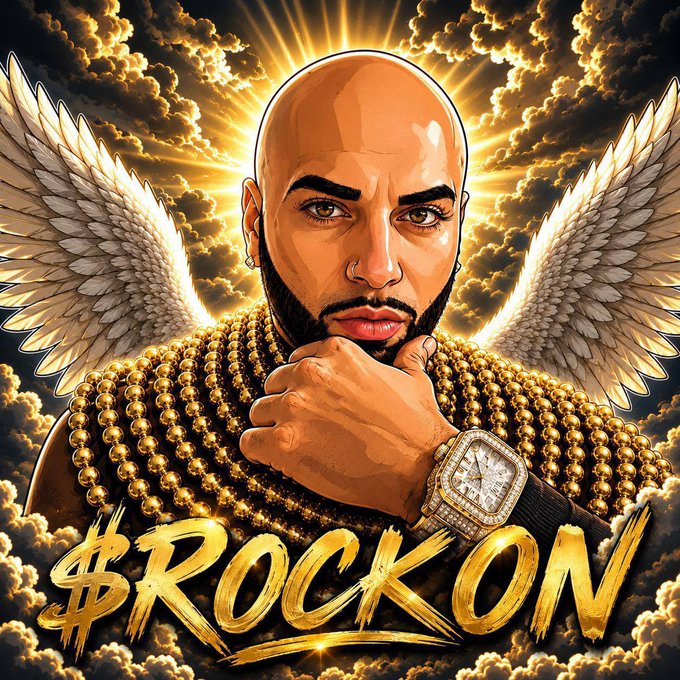 An illustrated graphic of a bald man with angel wings wearing gold chains and a diamond watch, with the text '$ROCKON' below.