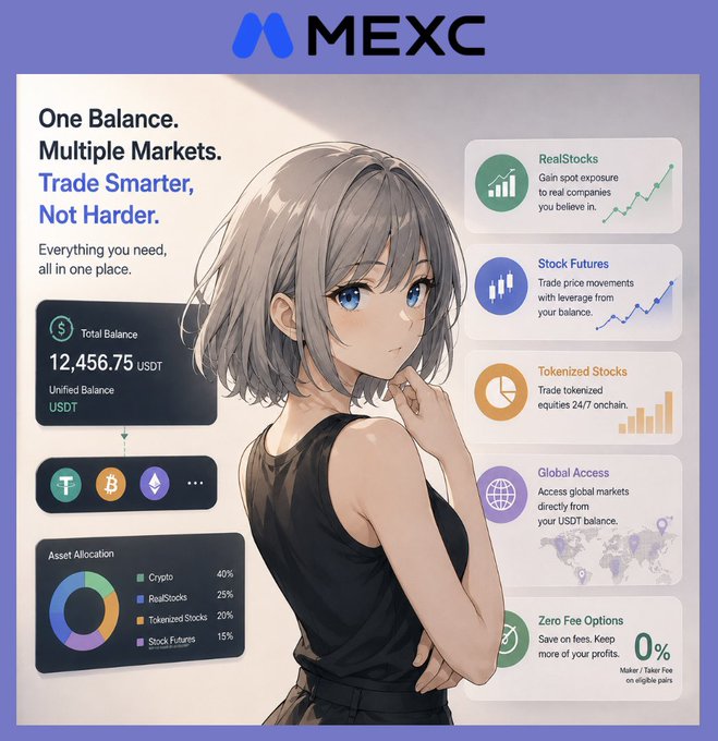 A MEXC cryptocurrency exchange advertisement with the tagline 'One Balance. Multiple Markets. Trade Smarter, Not Harder,' featuring an anime-style illustration of a silver-haired character alongside features like RealStocks, Stock Futures, Tokenized Stocks, and Global Access.
