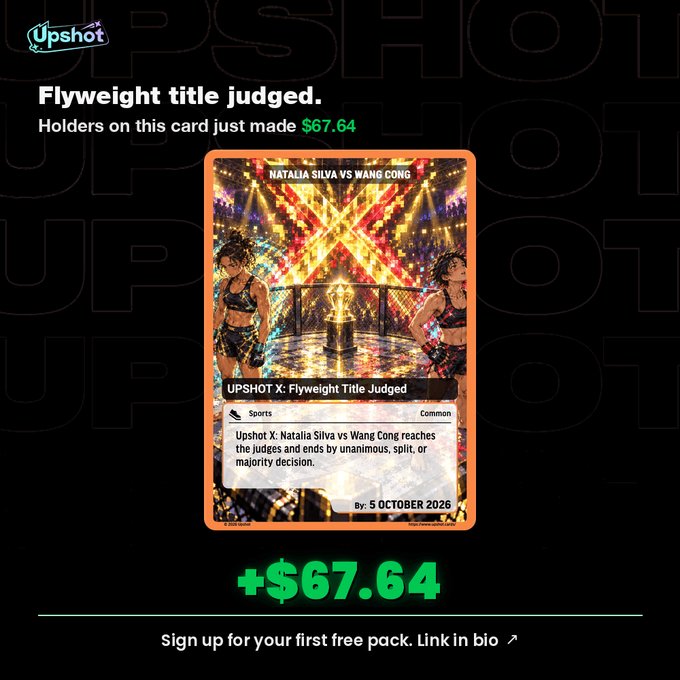 A promotional graphic for Upshot showing a digital trading card for "UPSHOT X: Flyweight Title Judged" (Natalia Silva vs Wang Cong), displaying a return of +$67.64 for holders by October 5, 2026.