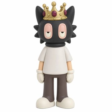 A designer toy figurine of a black cat-like character wearing a gold crown with red jewels, a white shirt, brown pants, and white shoes, displayed against a plain white background.