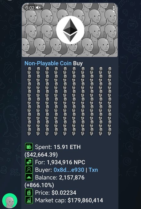 A screenshot showing a massive 1,934,916 NPC token purchase worth $42,664.39 (15.91 ETH) on the Non-Playable Coin Buy tracker, with a wallet balance of 2,157,876 tokens representing a +866.10% gain, and the NPC market cap at $179,860,414.