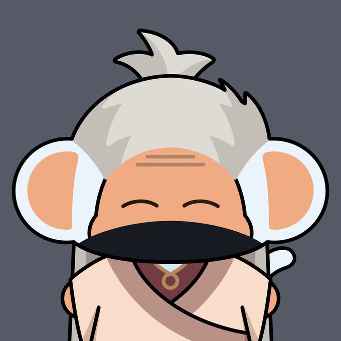 A cartoon illustration of a small character with white/gray hair styled in a topknot, large ears, wearing a beige robe with brown trim and a black face covering, smiling with closed eyes against a gray background.