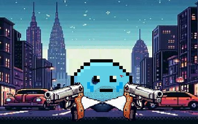 A pixel art scene featuring a blue circular face holding two guns against a city skyline at night.