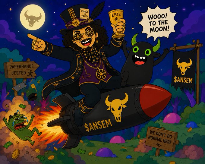 A cartoon magician with curly hair and a 'CHAOS IS TRUTH' hat riding a rocket labeled '$ANSEM' with a black horned creature shouting 'WOOO! TO THE MOON!', featuring signs reading 'PAPERHANDS JEETED' and 'WE DON'T DO NORMAL HERE'.