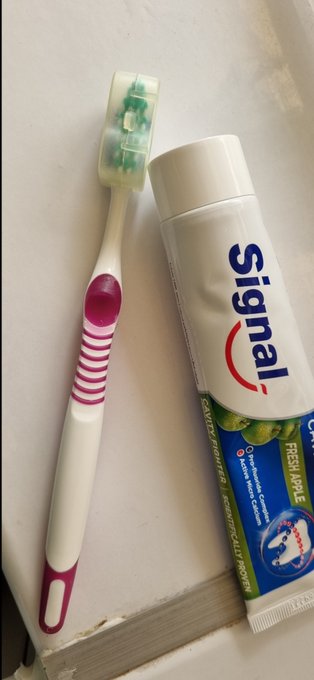 A white and pink toothbrush with green bristles rests next to a tube of Signal toothpaste on a white surface.