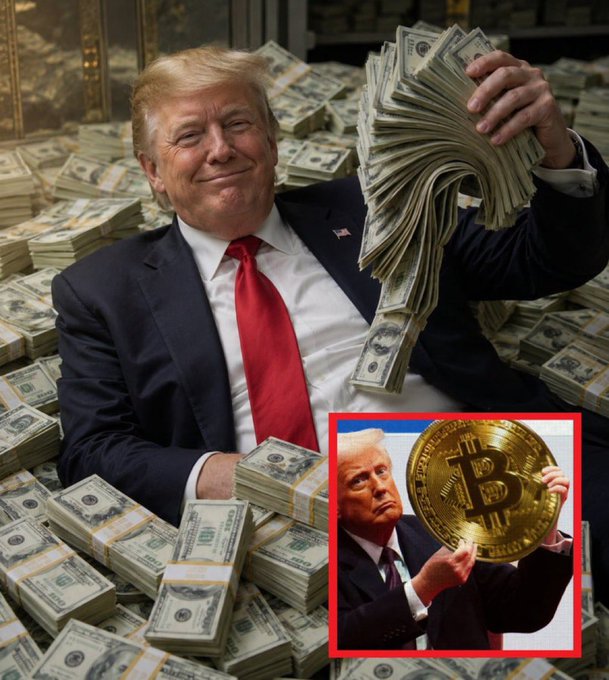 This edited image features Donald Trump sitting atop a large pile of US dollar bills while holding a large fan of cash, with a small inset showing him holding a large Bitcoin coin. The imagery uses the theme of extreme wealth and "moonshot" profits to visually represent the high-energy, speculative sentiment expressed in the accompanying cryptocurrency "meme madness" post.