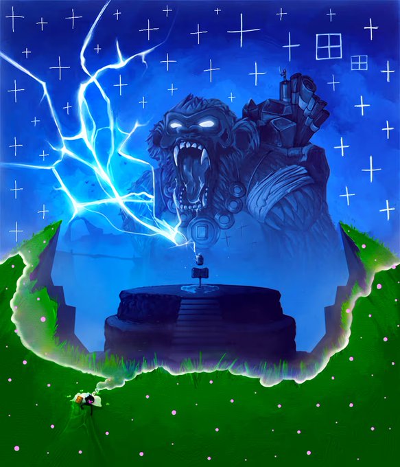 A fantasy illustration showing a small character confronting a massive blue gorilla-like warrior wielding lightning, with grid patterns in the night sky background.