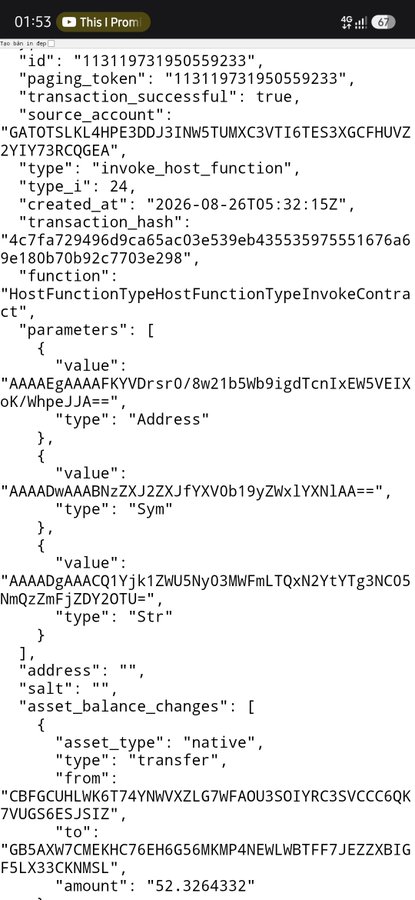 A smartphone screenshot of JSON code showing a successful cryptocurrency transaction details, including a paging token, transaction hash, and balance changes of 52.3264332 from one address to another.