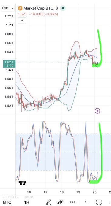 A financial chart showing Bitcoin (BTC) Market Cap at 1.62T USD, down 0.86%, with price action and an oscillator indicator.