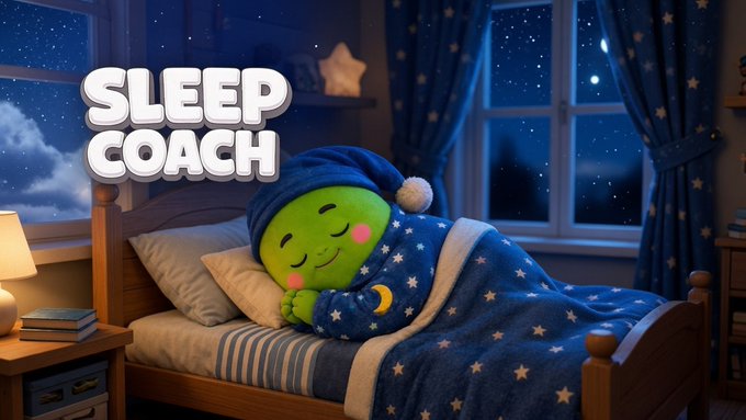An illustrated graphic featuring a green smiley character in a blue nightcap and star-patterned pajamas sleeping in a bed, with the text 'SLEEP COACH' in the upper left corner.