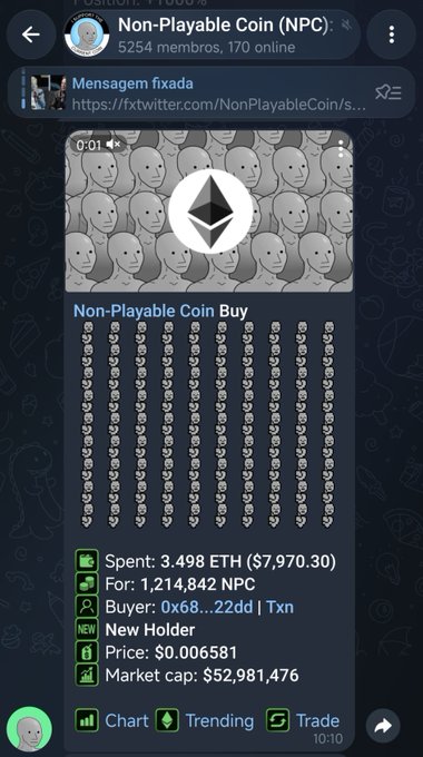 A Telegram channel post for 'Non-Playable Coin (NPC)' showing a fake transaction claiming to spend 3.498 ETH ($7,970.30) on 1,214,842 NPC tokens, with a market cap of $52,981,476.