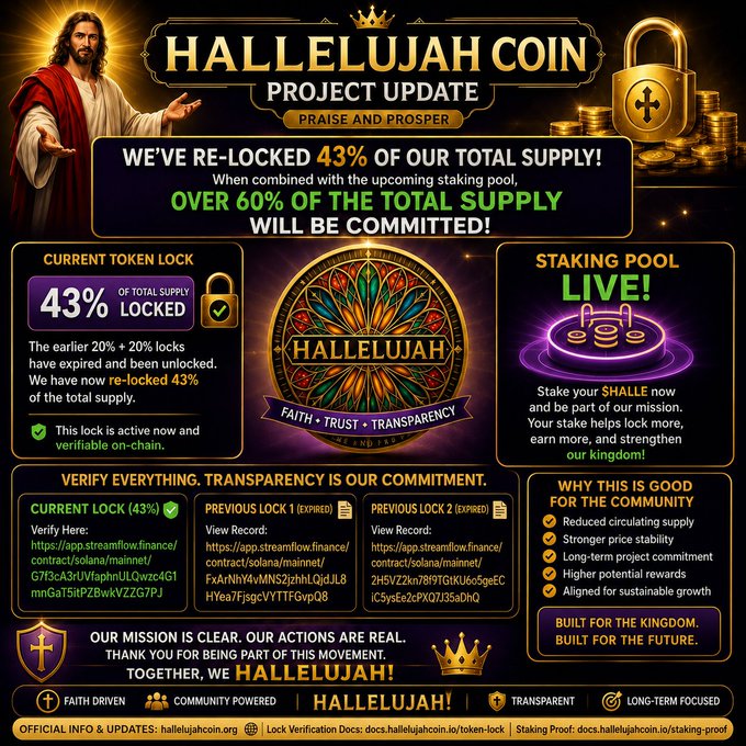 Promotional graphic for "HALLELUJAH COIN" project update, featuring Jesus imagery, a lock symbol, and text announcing "WE'VE RE-LOCKED 43% OF OUR TOTAL SUPPLY!" with staking pool details and blockchain transaction links.