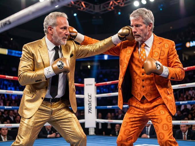 The image shows two men dressed in suits and gloves standing inside a boxing ring during a fight. One man appears to be throwing punches at his opponent, while the other man is holding up his fists as well. The scene takes place on a stage with a crowd of people watching the match. In the background, there are signs that read "TROLL" and "bitcoin", which may suggest some sort of connection between the boxing match and the cryptocurrency market.