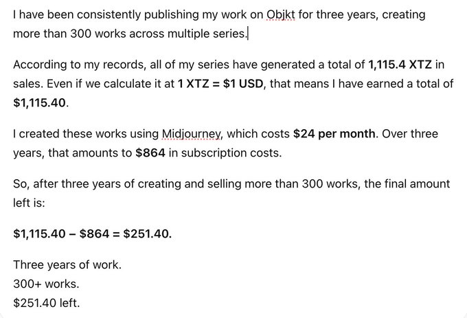 A text screenshot showing a creator's financial breakdown after three years on Objkt: 300+ works generated 1,115.4 XTZ (~$1,115.40), minus $864 in Midjourney subscription costs, leaving $251.40.