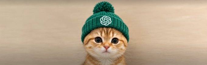 A cute orange tabby kitten looking directly at the camera while wearing a green knit beanie with a pom-pom and a white circular logo.