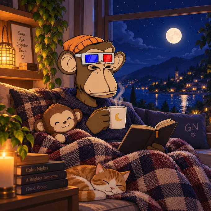 A digital illustration of a monkey wearing 3D glasses and a beanie, reading a book while holding a mug, with a sleeping kitten and monkey plush nearby, under a moonlit sky.