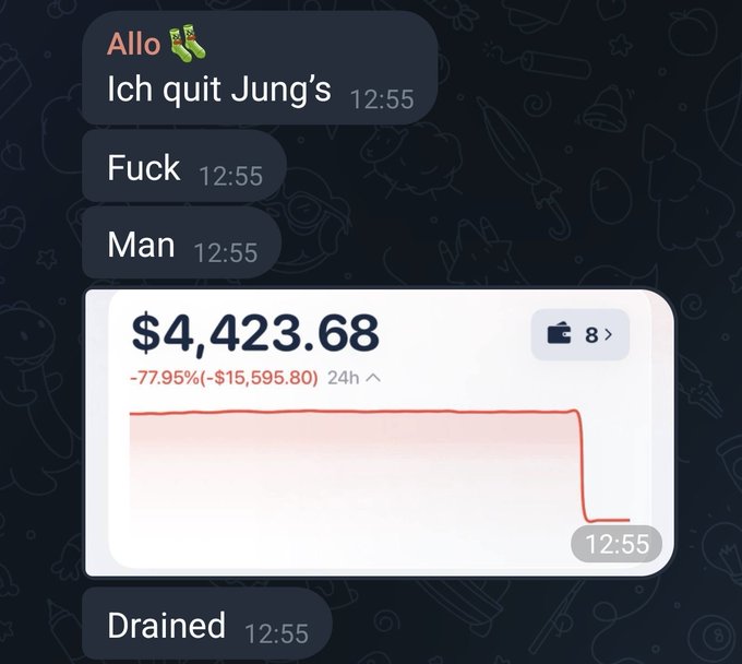 Telegram chat screenshot showing a user named 'Allo' typing 'Ich quit Jung's', followed by messages 'Fuck' and 'Man', with a crypto wallet display showing $4,423.68 (-77.95%, -$15,595.80) and the word 'Drained' below.