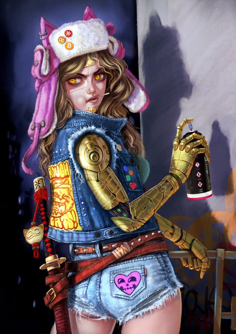 A cyberpunk-styled female character with yellow eyes wears a pink fuzzy bunny-eared hat, a denim vest featuring "LOVE" patches and a gold mechanical arm, while holding a spray paint can marked with skull symbols—imagery evoking the rebellious, digital-art culture central to the NFT scene. The graffiti-adorned urban backdrop reinforces the underground, street-art aesthetic often associated with NFT collectibles.