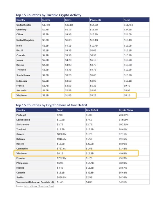 An infographic showing 'Top 15 Countries by Taxable Crypto Activity' and 'Crypto Share of Gov Deficit,' with 'Viet Nam' highlighted in both tables.