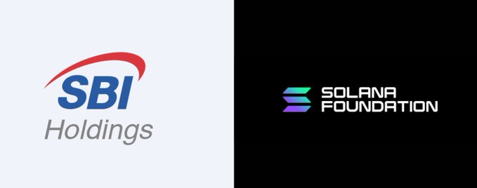 A split image showing the SBI Holdings logo on the left and the Solana Foundation logo on the right.