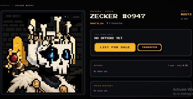 A webpage displaying the ZecKer #09447 NFT, a pixel art skull character wearing a crown, listed as owned by user 'ZORA' with a rarity score of 12673.