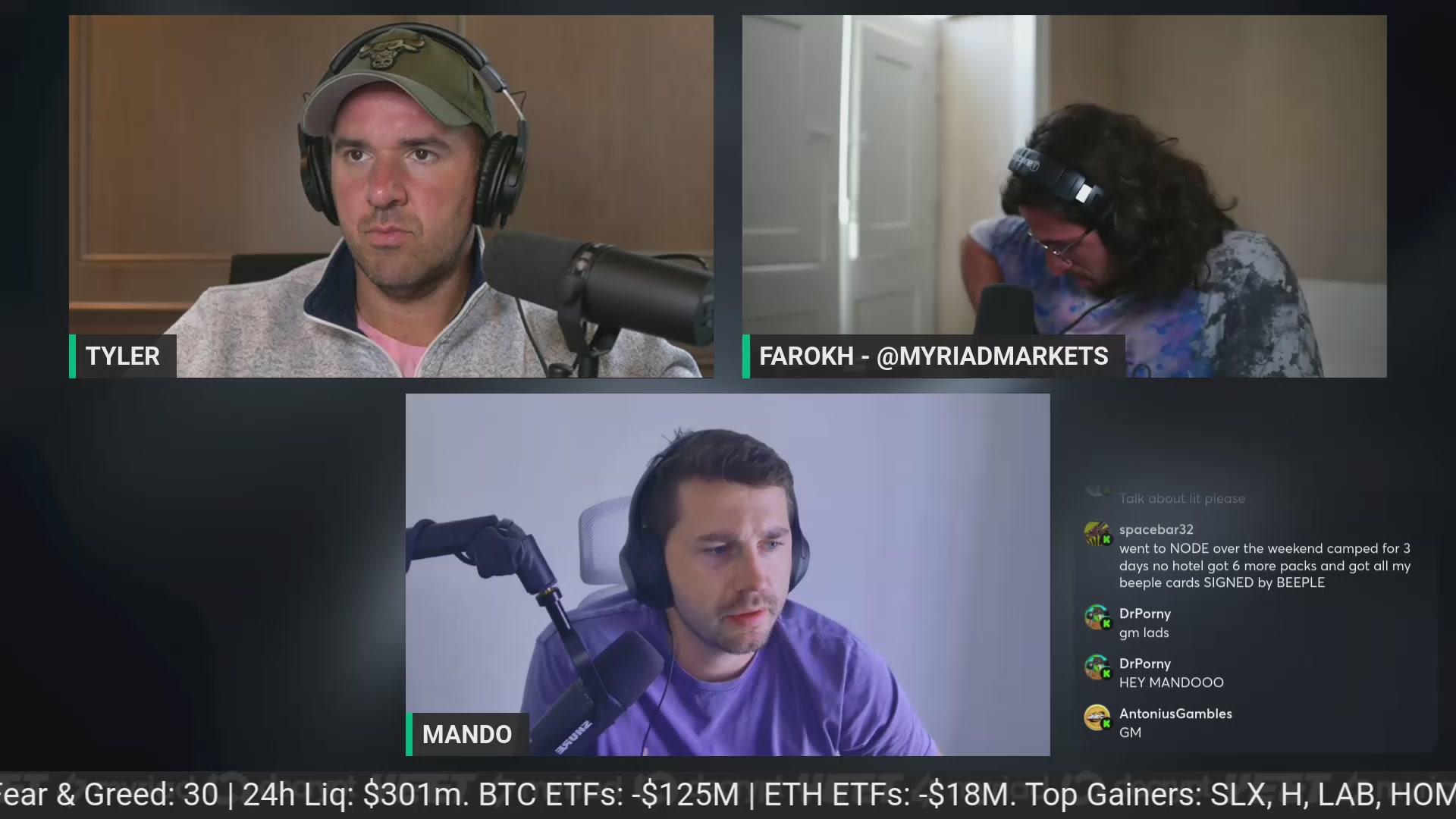 The image shows a computer screen with three different screens displaying information about Bitcoin trading. The first screen has a man wearing headphones, the second screen features a woman talking into a microphone, and the third screen displays a man wearing a purple shirt. The text on these screens includes phrases such as "Saylor is Selling Bitcoin", "HYPE is Soaring", "CFTC Gives Perps the Green Light in US joined by our special host quant: @rektmando".