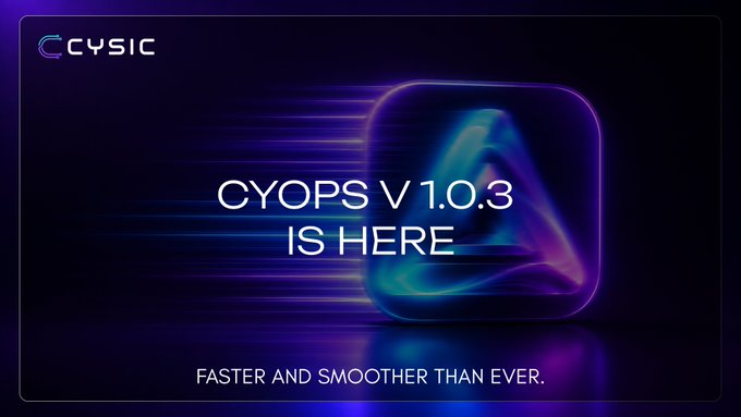 A promotional graphic for Cysic announces the release of "CYOPS V 1.0.3 IS HERE," with the tagline "FASTER AND SMOOTHER THAN EVER," featuring a stylized 3D "A" logo against a dark blue and purple background. This visual directly supports the post about the installation fix, encouraging users to download the latest CyOps version.