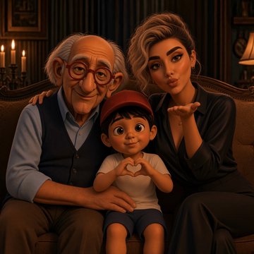 A digital illustration in a stylized 3D art style showing an elderly man with glasses, a young woman blowing a kiss, and a small child in a red cap forming a heart with his hands, all seated together on a couch.