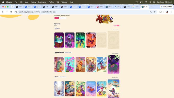 Screenshot of a web browser on claynosaurz.com showing a 'My Cards' page displaying NFT card collections organized in categories like 'Star Quest', 'Genesis', and 'Shog', with various colorful character cards.