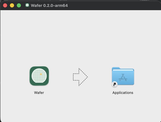 A macOS installation window titled 'Wafer 0.2.0-arm64' showing the Wafer app icon being dragged to the Applications folder.