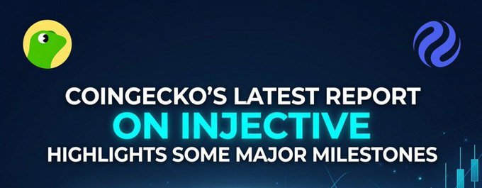 A promotional graphic with dark blue background reading 'COINGECKO'S LATEST REPORT ON INJECTIVE HIGHLIGHTS SOME MAJOR MILESTONES', featuring the CoinGecko logo and the Injective logo.