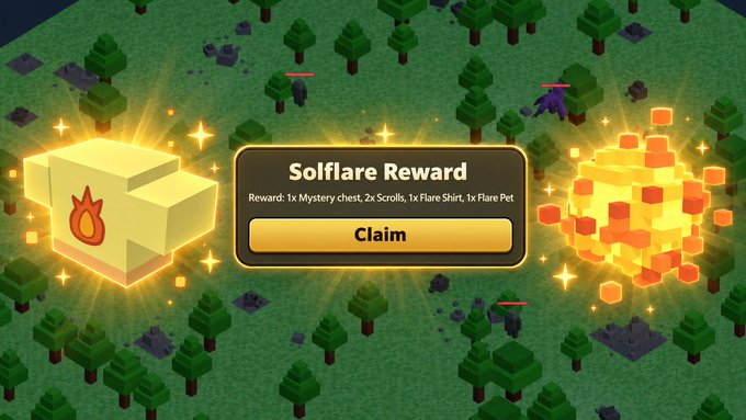 Mobile game screenshot showing a "Solflare Reward" claim screen with mystery chest contents (1x Mystery Chest, 2x Scrolls, 1x Flare Shirt, 1x Flare Pet) in a pixel art forest setting.