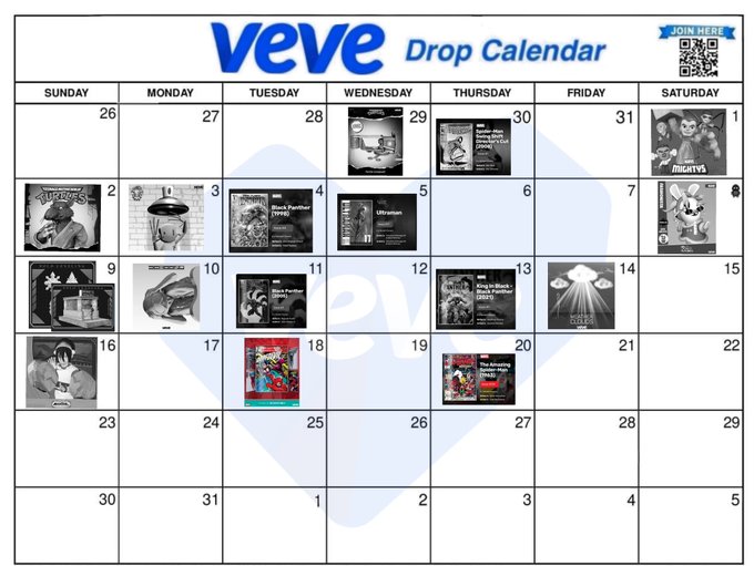 A VeVe Drop Calendar showing scheduled digital collectible releases across dates in a month, including items like 'Mightyverse,' 'Ultraman,' and 'Universal Monsters.'