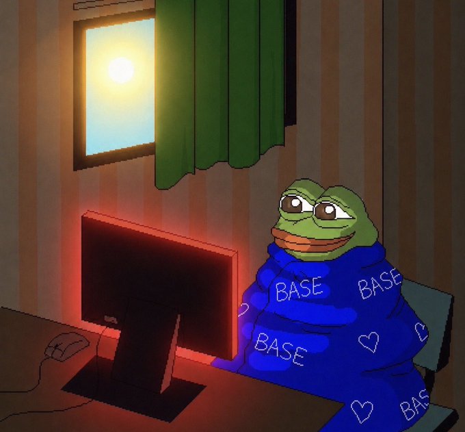 urn of gold sits on a desk, with a computer monitor displaying "BASE" and a cartoon frog wearing a blue blanket.