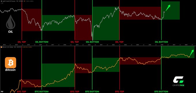 This image displays parallel charts of oil and Bitcoin prices, showing historical "tops" and "bottoms" with red and green shaded regions, respectively, suggesting a correlation between oil bottoms and Bitcoin's parabolic rises. The accompanying text reinforces this by stating, "OIL JUST BOTTOMED. And Bitcoin has never gone parabolic without this signal. The signal is flashing again. Oil bottomed. Bitcoin is loading."