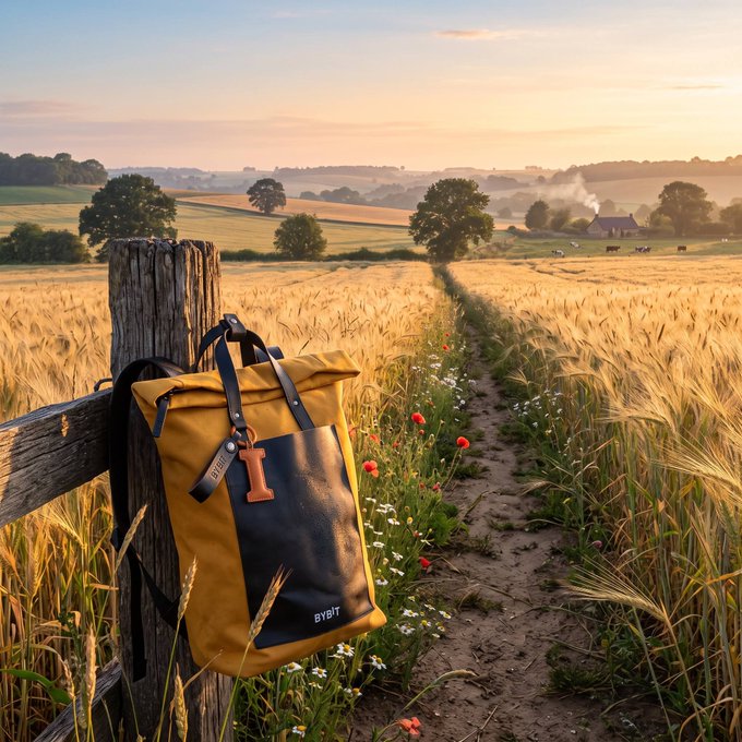 A mustard and black 'BYBIT' branded backpack hanging on a wooden fence post in a golden wheat field at sunset.