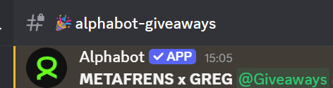 The image depicts a banner advertising an event that is happening on the Discord server called "Alphabot-Givesaways". The event has just started, and attendees can sign up online by sending a message or directly via the Discord app. The post appears to be posted using the #discord channel where it's tagged, and the caption includes a reference to @Brain Pasta for taking care of the community.