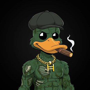 A cartoon green duck character wearing a black cap, smoking a cigar, and sporting a gold chain with an 'H' pendant.