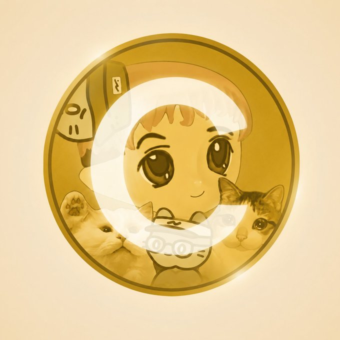 A gold-toned circular coin or medallion featuring a chibi-style anime girl in the center, accompanied by two cute cats (one white, one tabby) and a small car, with a large stylized 'C' or similar logo overlaid across the design.